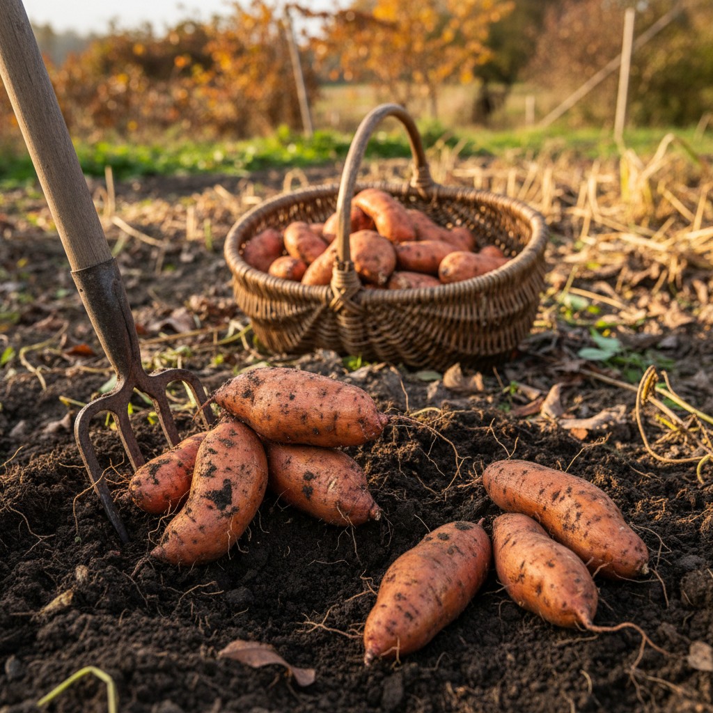 Sweet potatoes being dug from soil with a garden fork