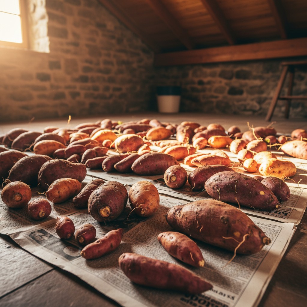 Sweet potatoes laid out on newspaper for curing