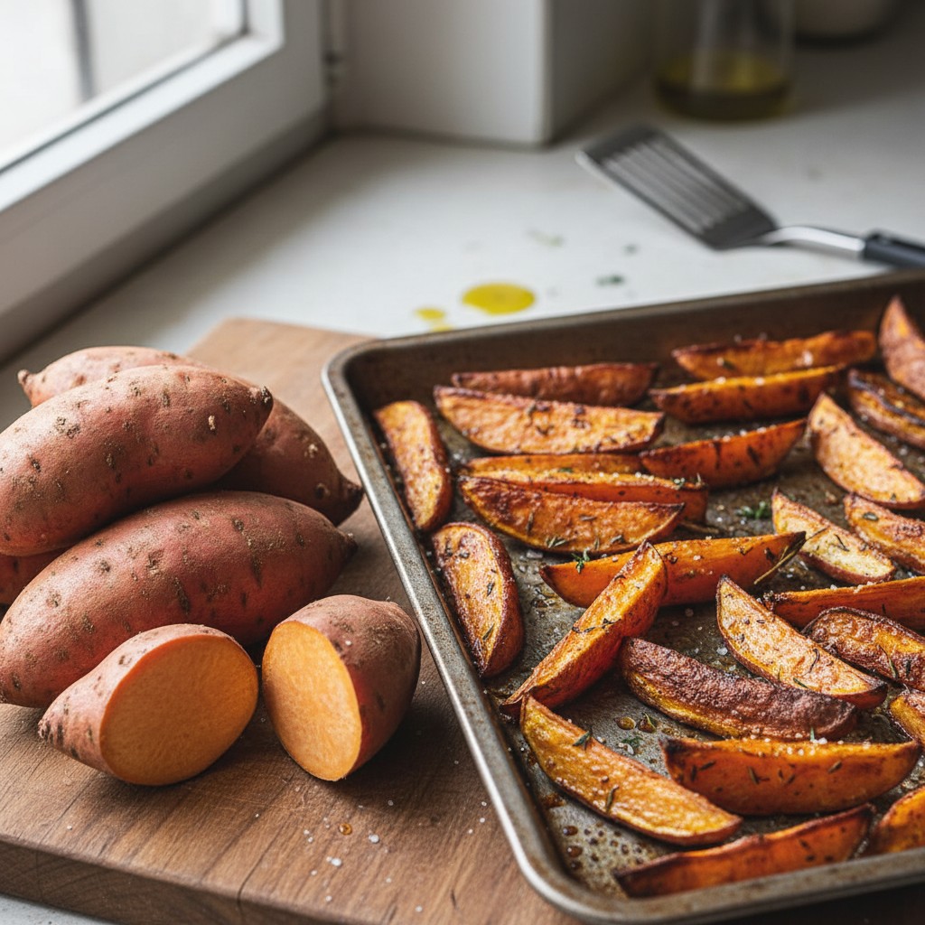 Roasted sweet potato wedges on a baking sheet