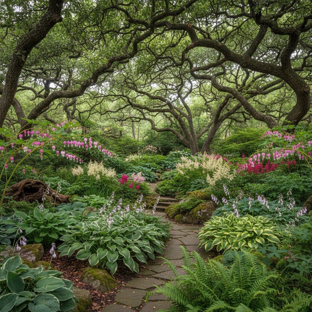 A shade garden with hostas, ferns, and astilbe under trees