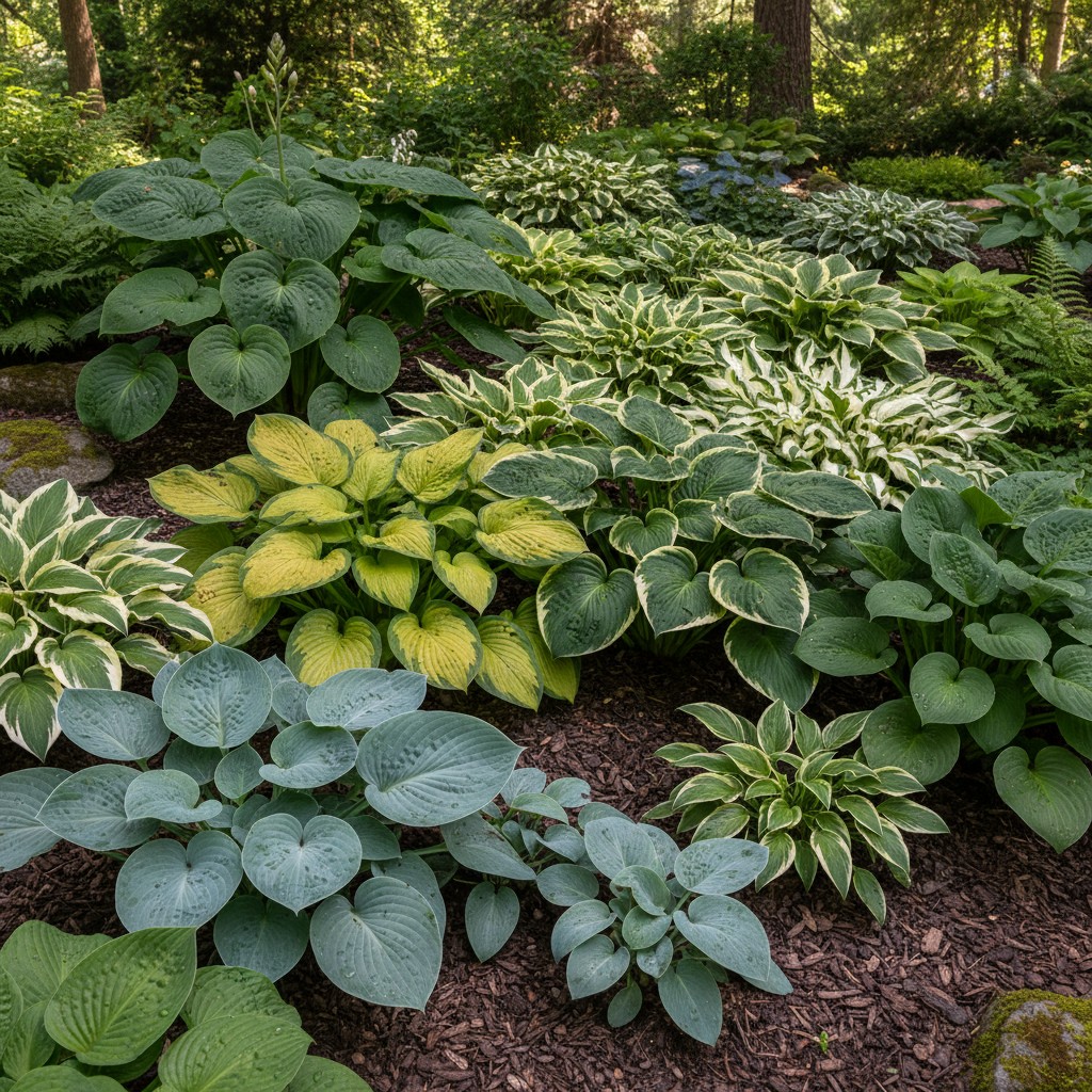 Several hosta varieties with different leaf colors and sizes