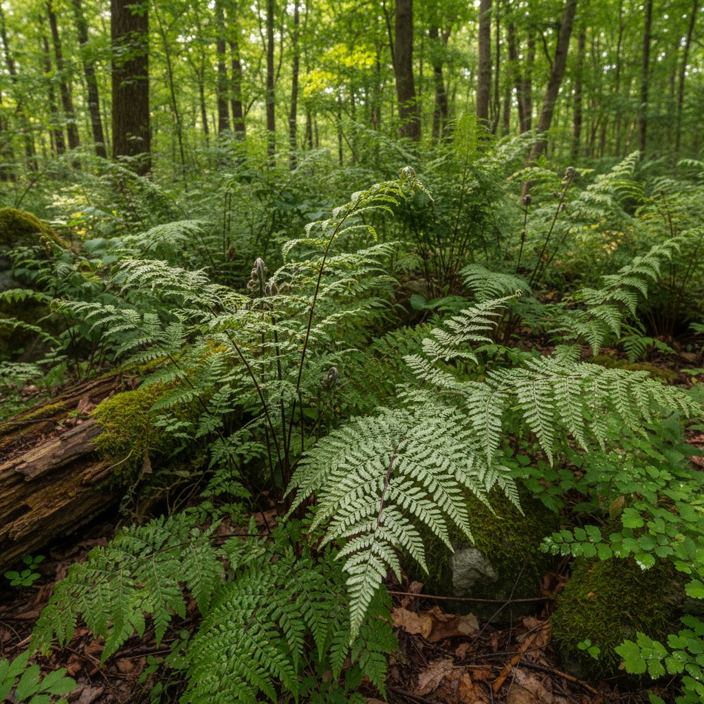 Japanese painted fern and maidenhair fern in a woodland garden