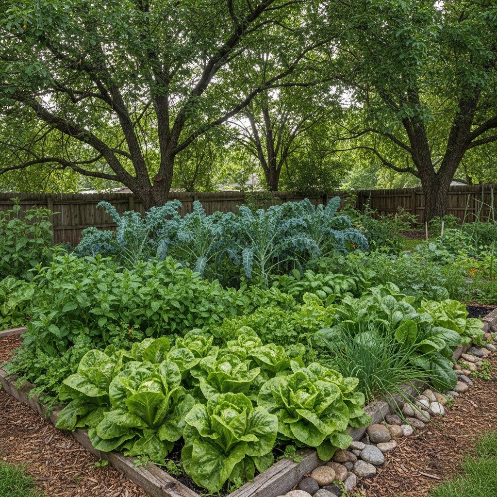 Lettuce, spinach, and herbs growing productively in shade
