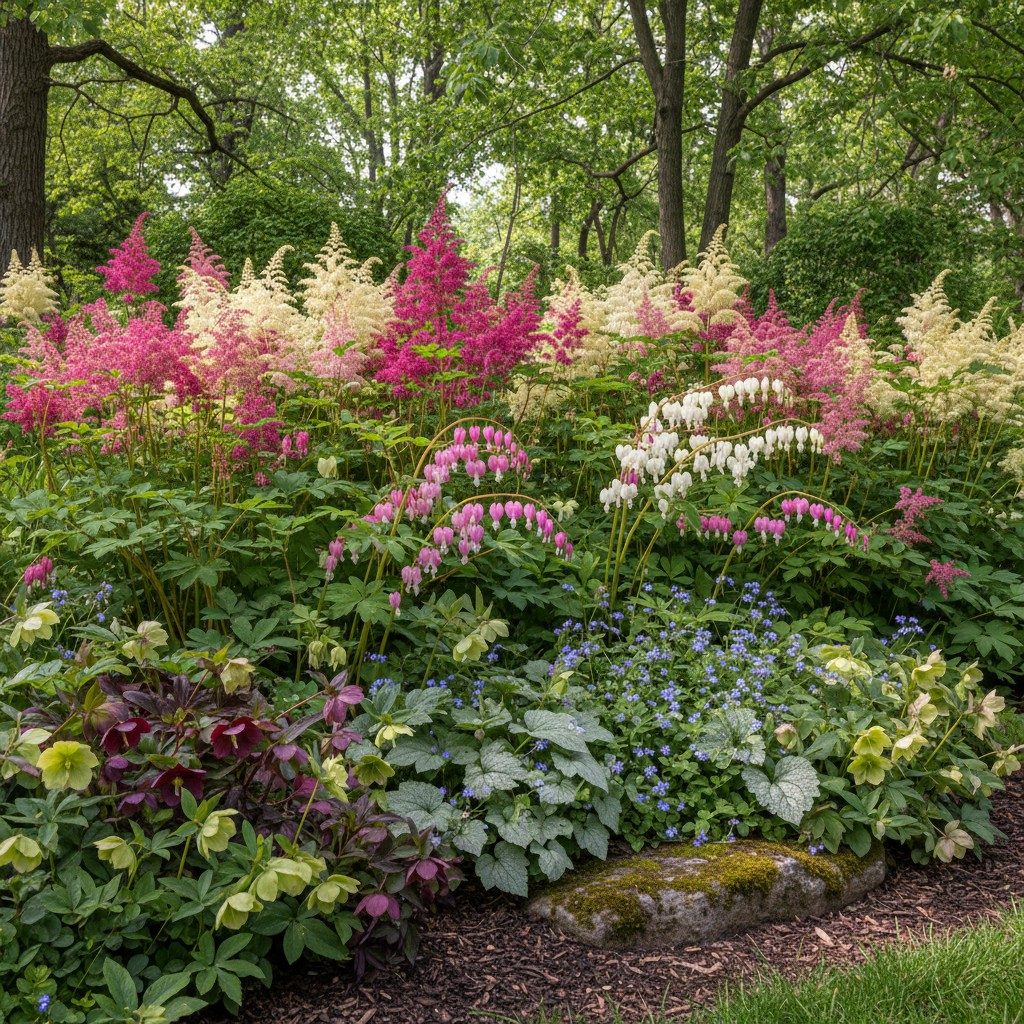 Astilbe, bleeding heart, and hellebore blooming in shade