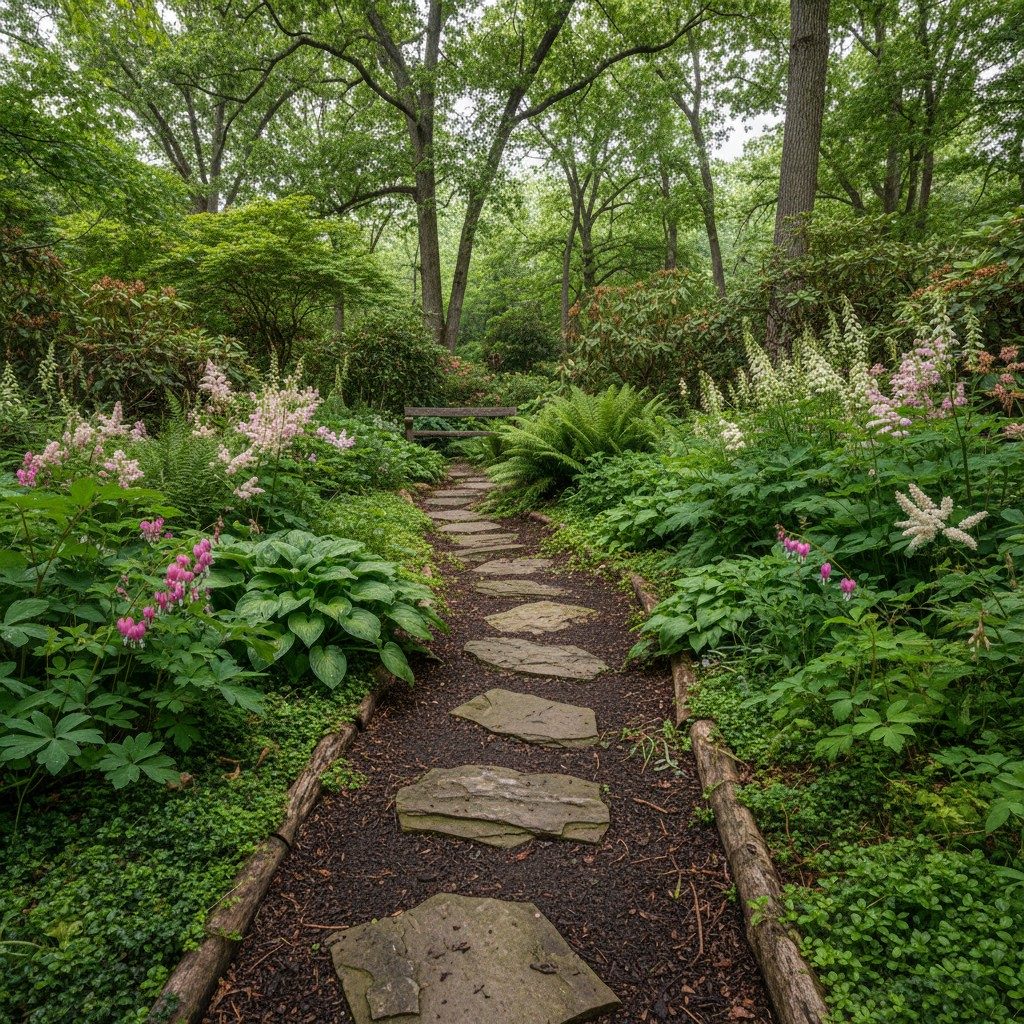A shade garden path with layered plantings from ground cover to canopy