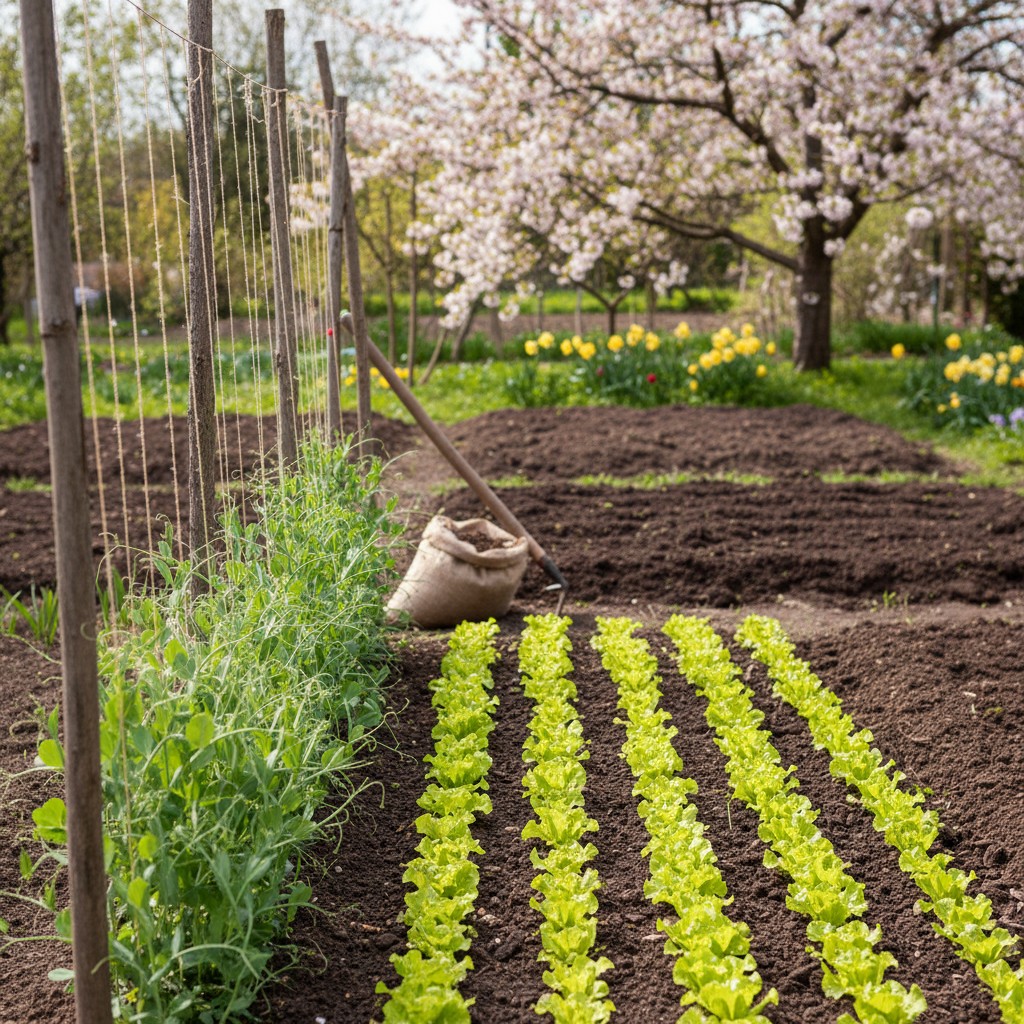 April garden with pea shoots, lettuce seedlings, and fresh beds