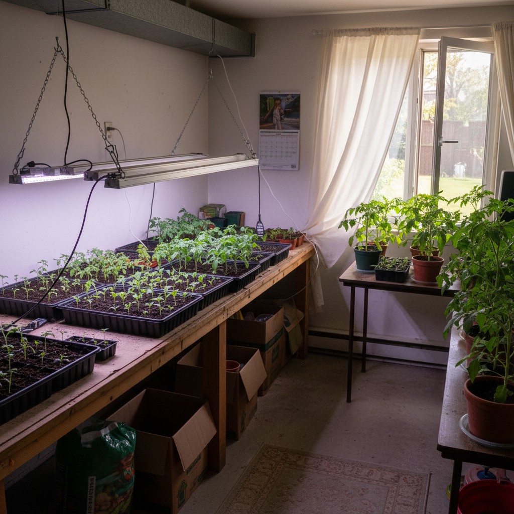 Seed starting trays of vegetable seedlings under grow lights