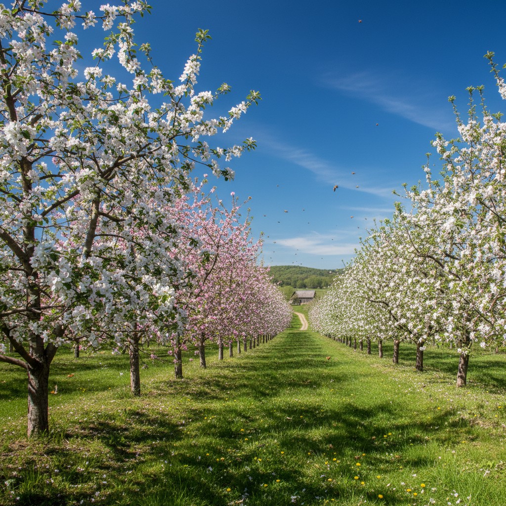 Fruit trees in bloom with white and pink blossoms