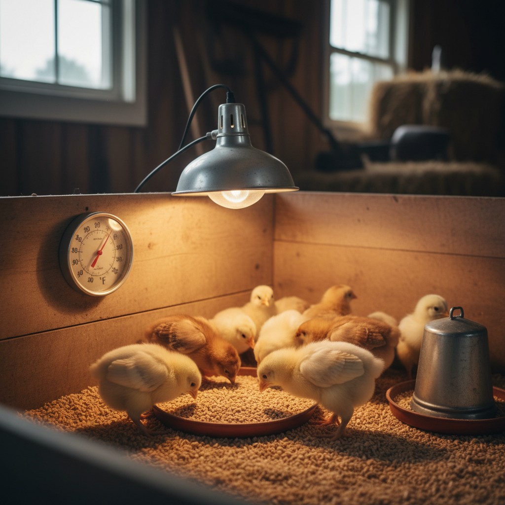 Day-old chicks under a heat lamp in a brooder