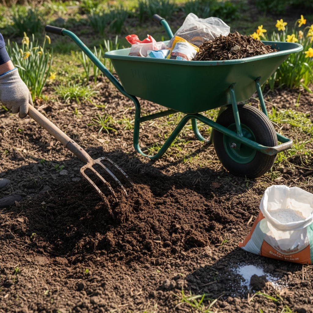 Compost being forked into garden soil in spring