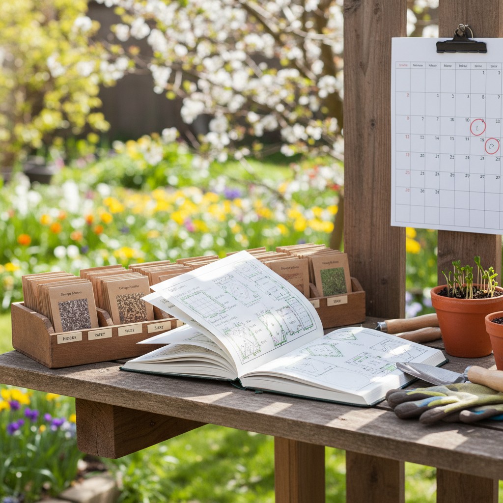 Garden journal with seed packets organized by planting date