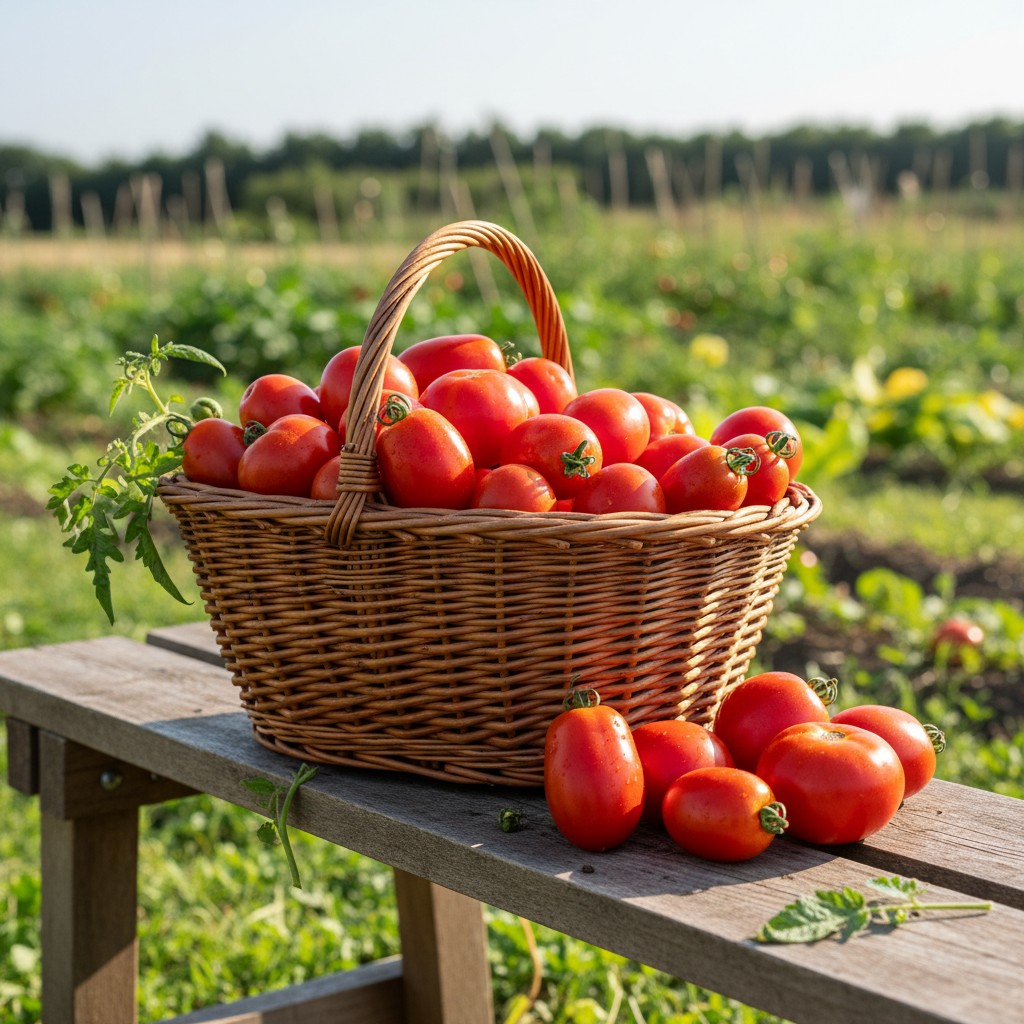 Harvest basket of ripe paste tomatoes