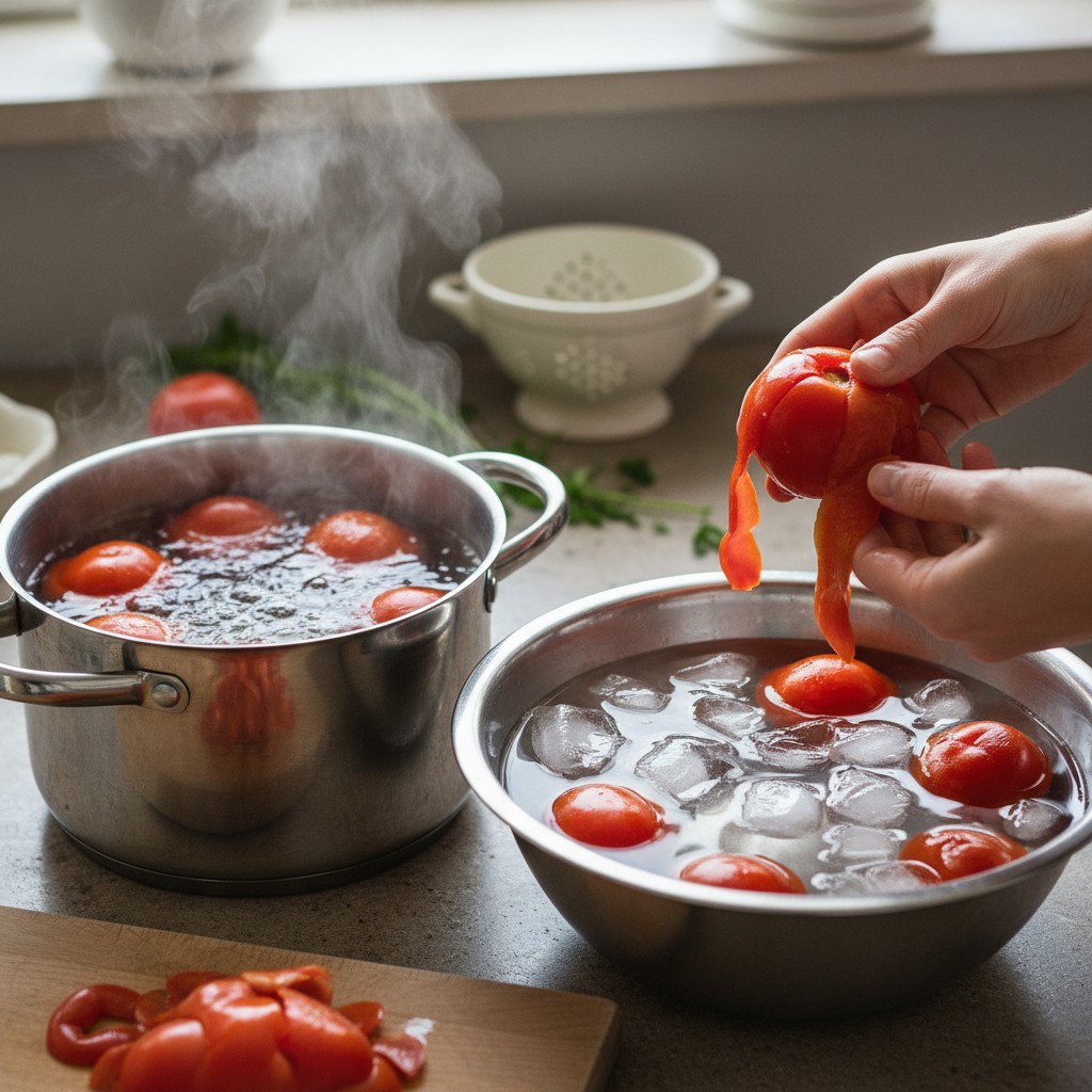 Tomatoes being blanched and peeled