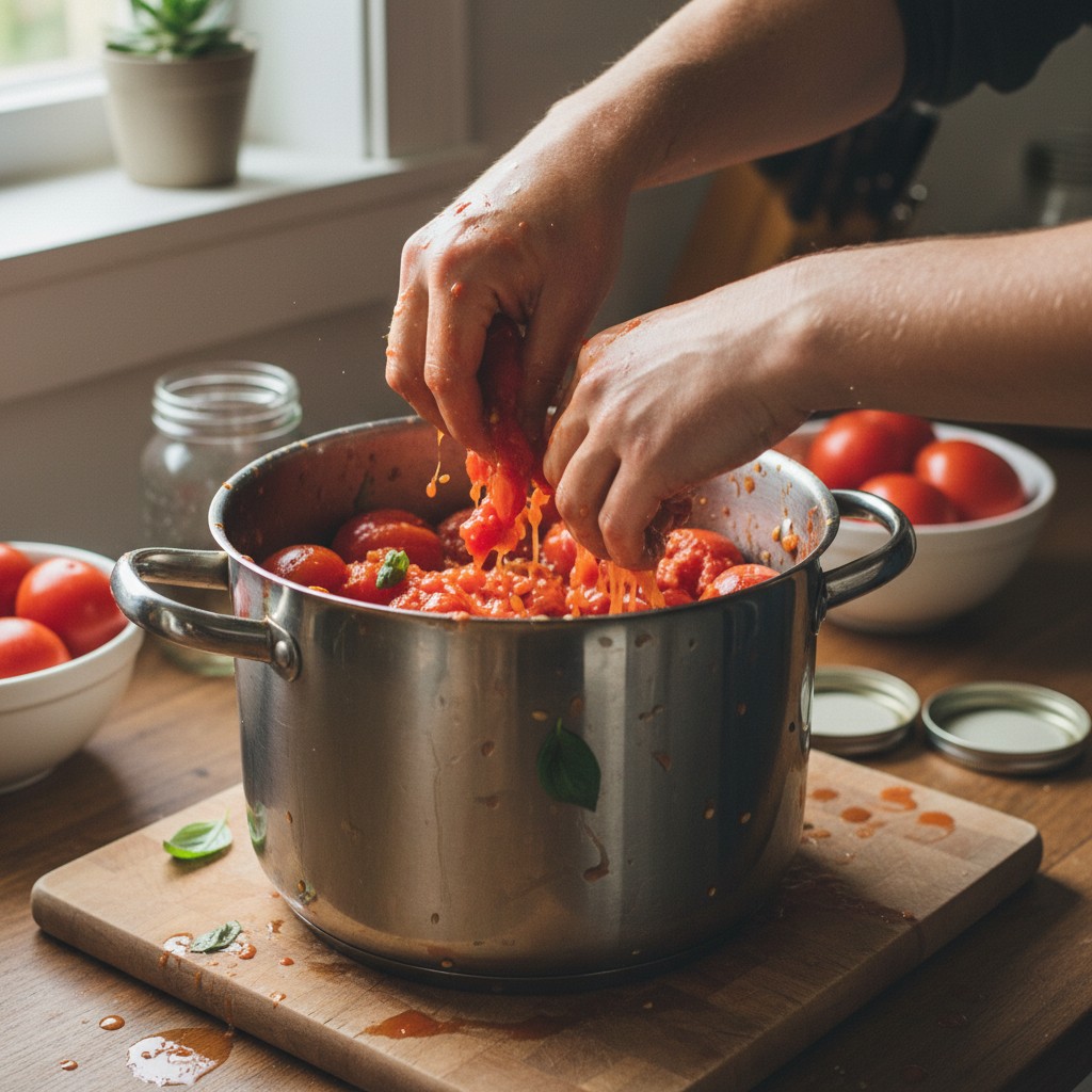 Hands crushing peeled tomatoes into a stockpot