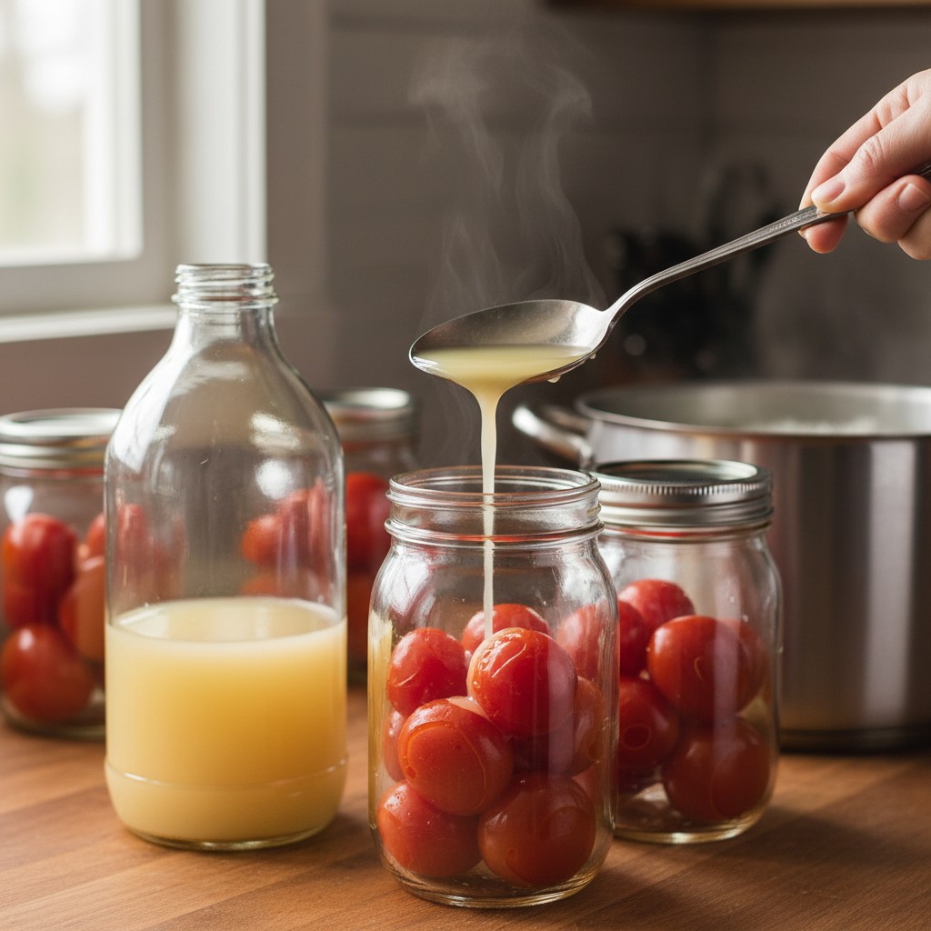 Bottled lemon juice being measured into a jar of tomatoes