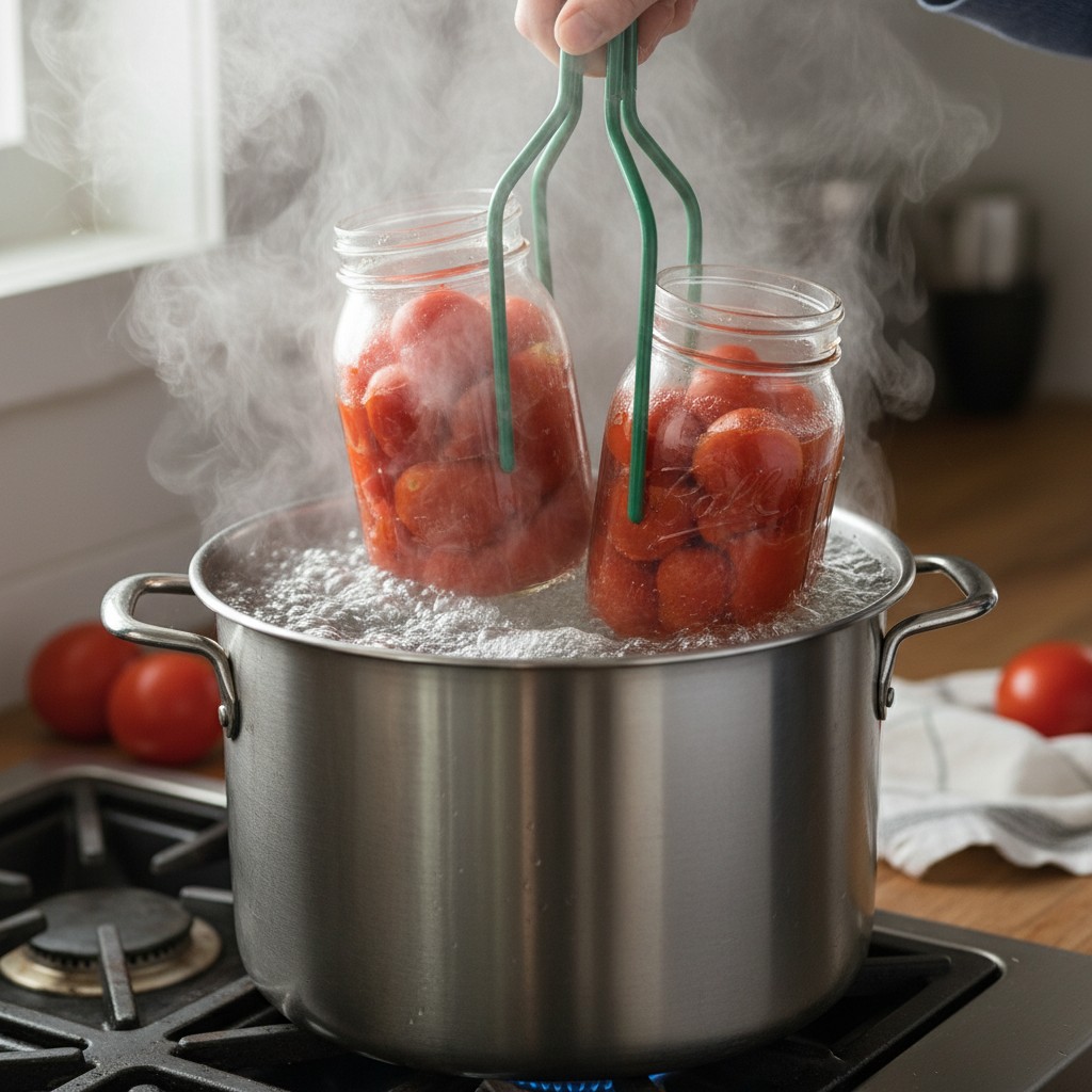 Jars of tomatoes in a boiling water-bath canner
