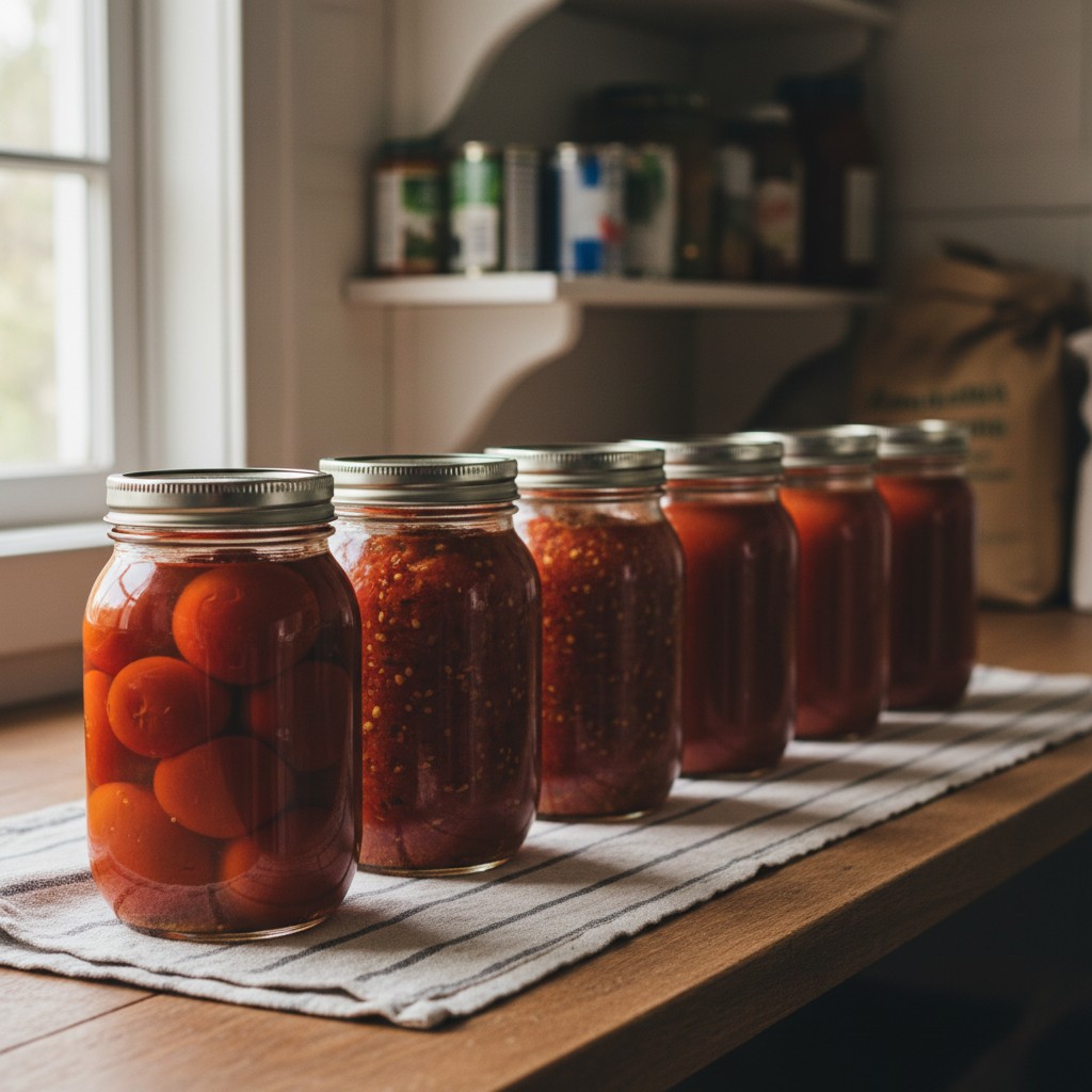 Row of finished home-canned tomato jars on a pantry shelf showing crushed and whole-packed styles with bright deep red color