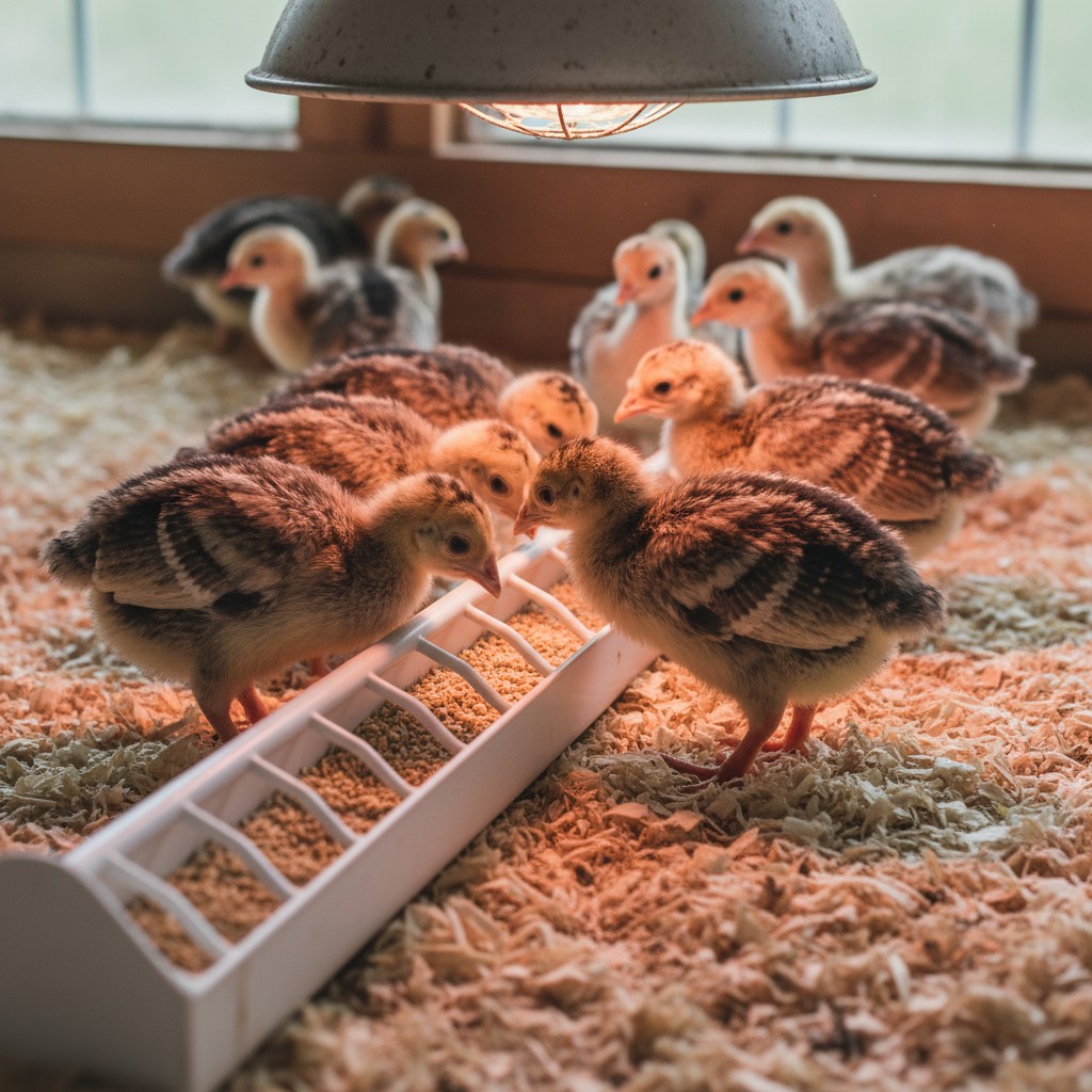 Turkey poults in a brooder with heat lamp