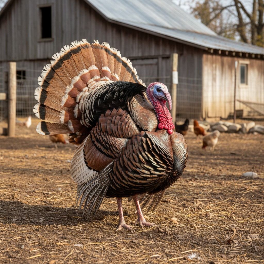 A mature Bourbon Red heritage turkey