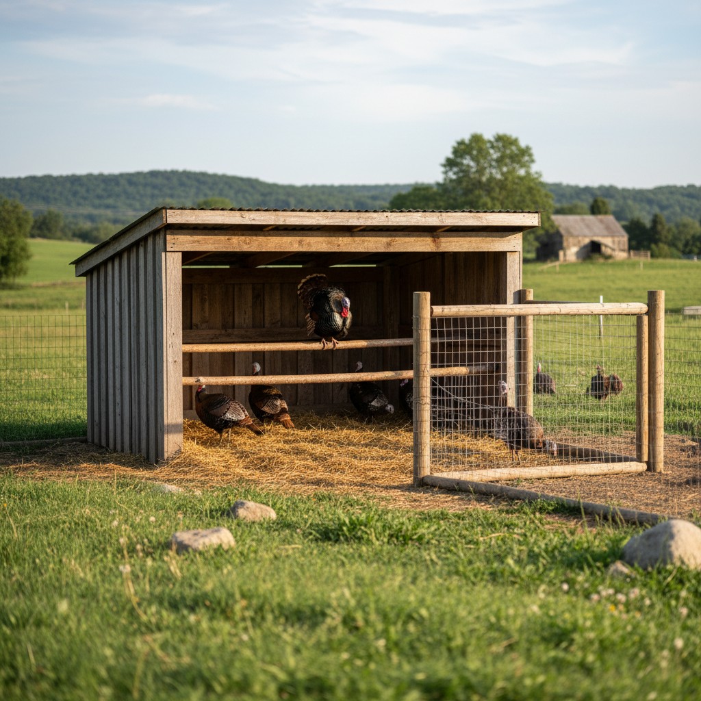 A simple turkey shelter with roost bars and fenced run