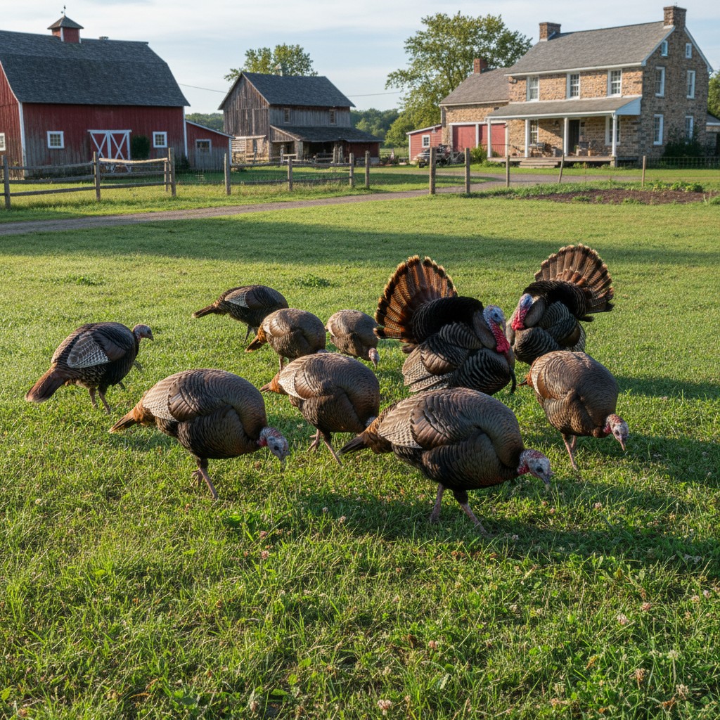 Heritage turkeys free-ranging in a pasture