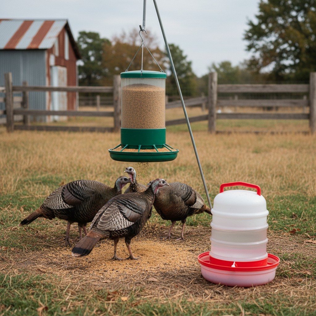 Turkey feeder with game bird crumbles