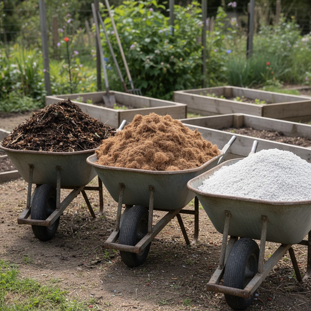 Compost, peat moss, and vermiculite in wheelbarrows