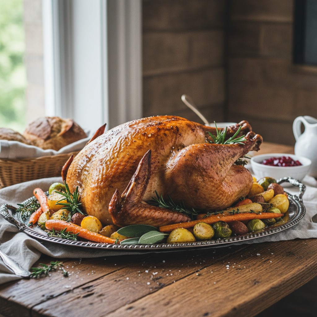 A roasted heritage turkey on a farmhouse table