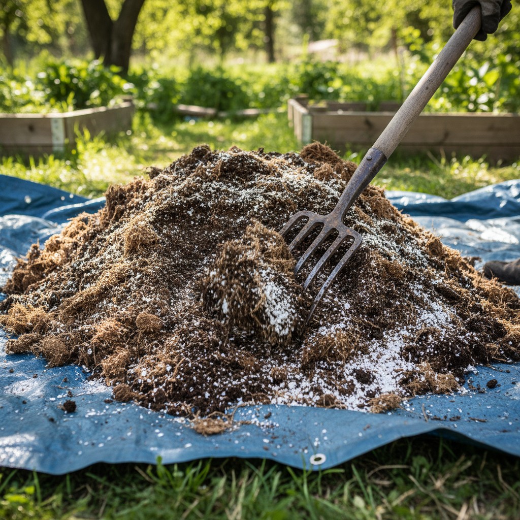 Soil mix being combined on a tarp with a garden fork