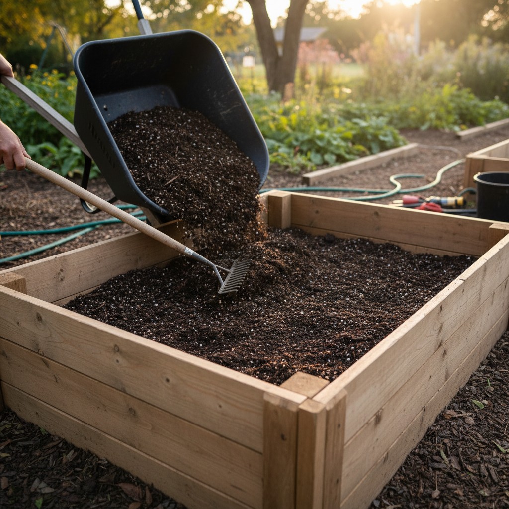A cedar raised bed being filled with soil mix