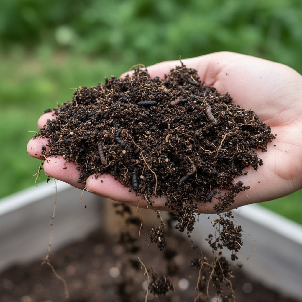 A handful of perfect raised bed soil, dark and crumbly