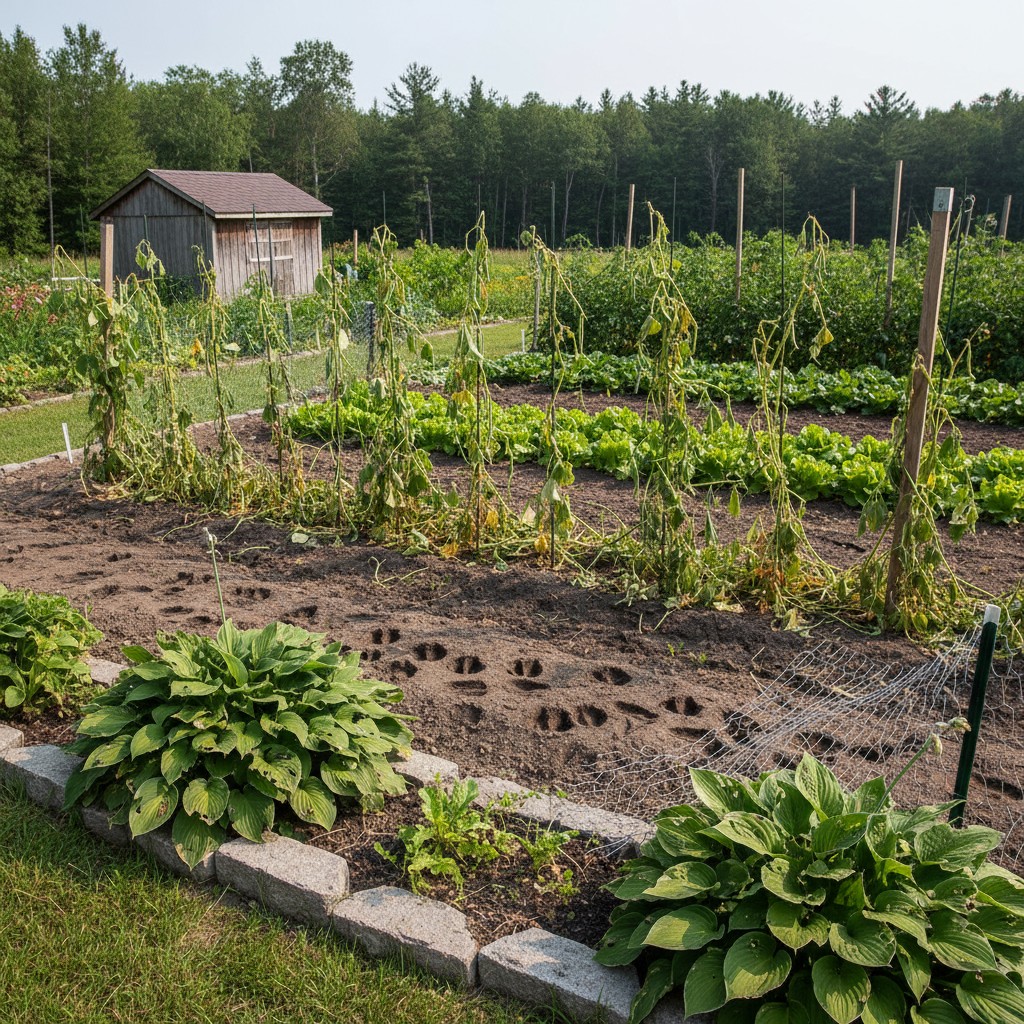 Deer damage in a garden with nibbled plants and tracks