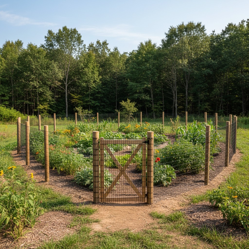 8-foot deer fence of black mesh nearly invisible
