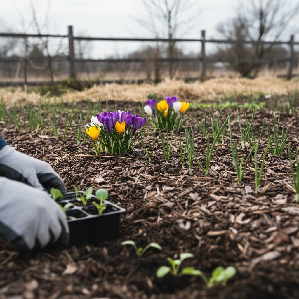 Early March garden with crocuses and garlic shoots