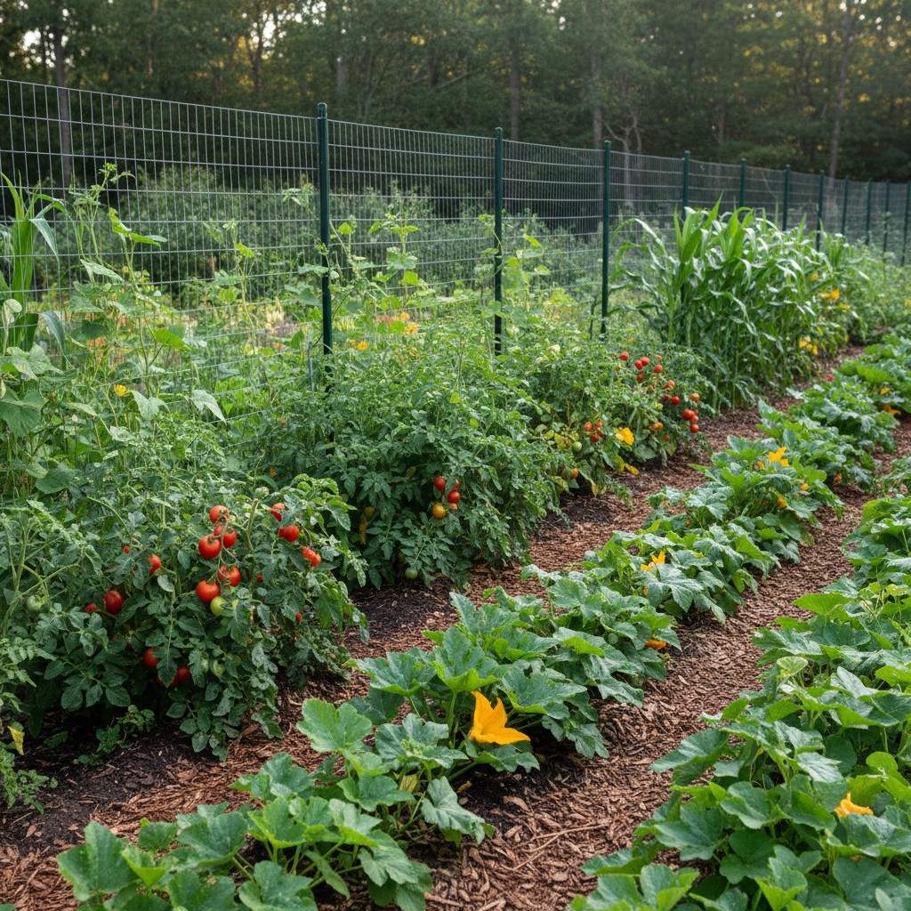 A thriving garden safely enclosed behind a deer fence
