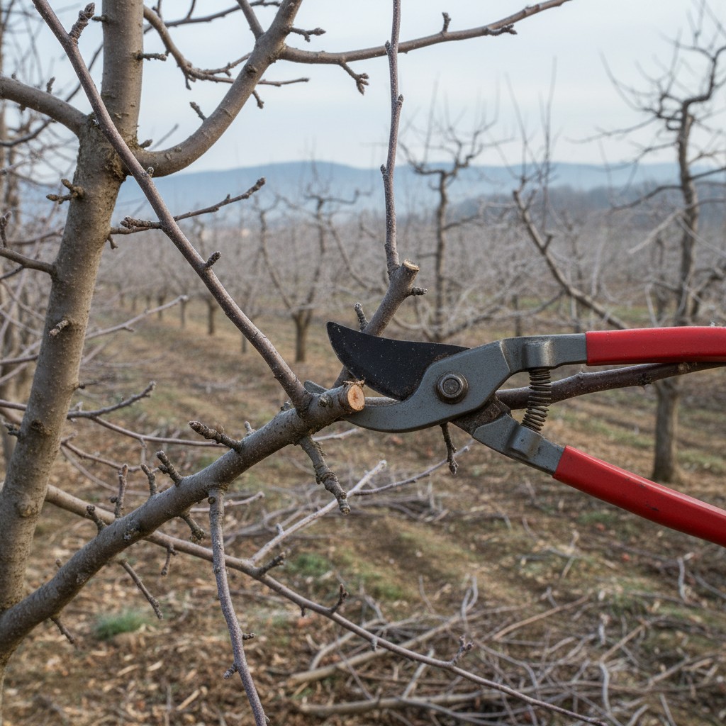 Fruit trees being pruned before bud break