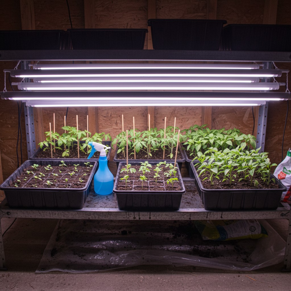 Seeds being started under grow lights