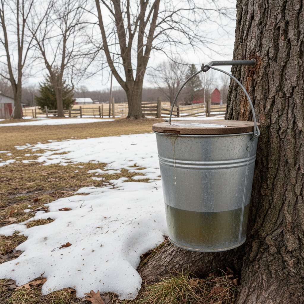 Maple sap being collected from a tap into a bucket