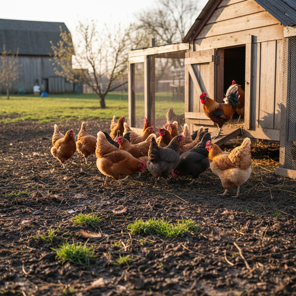 Chickens emerging from coop on an early spring morning