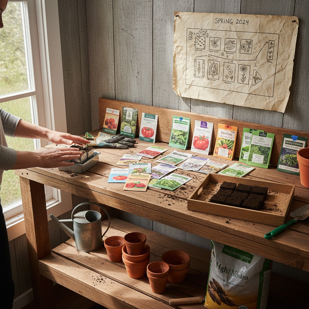 Seed packets being sorted on a potting bench