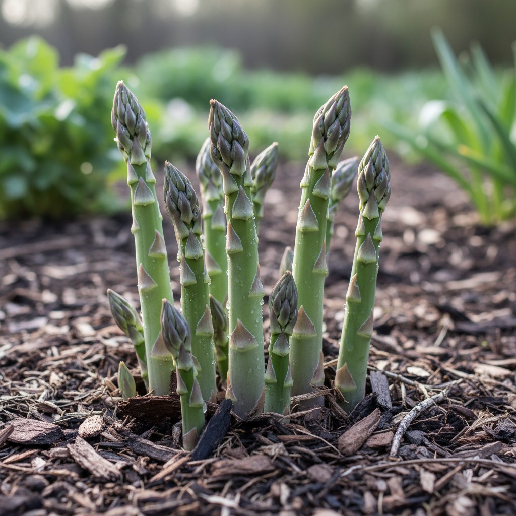 Asparagus spears emerging through mulch in spring