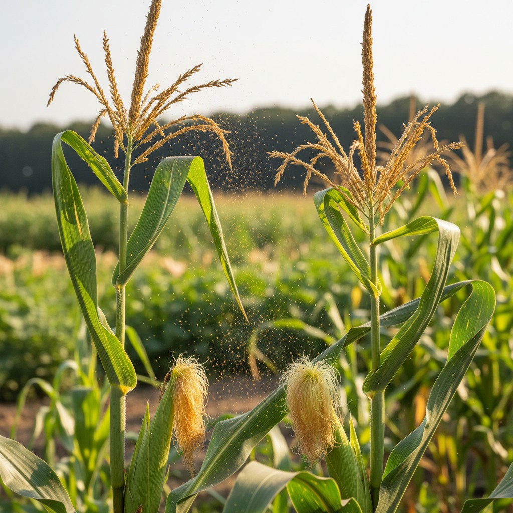 Corn tassels releasing pollen