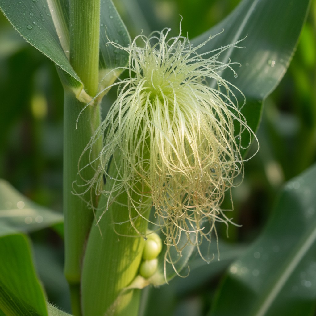 Corn silk emerging from a developing ear