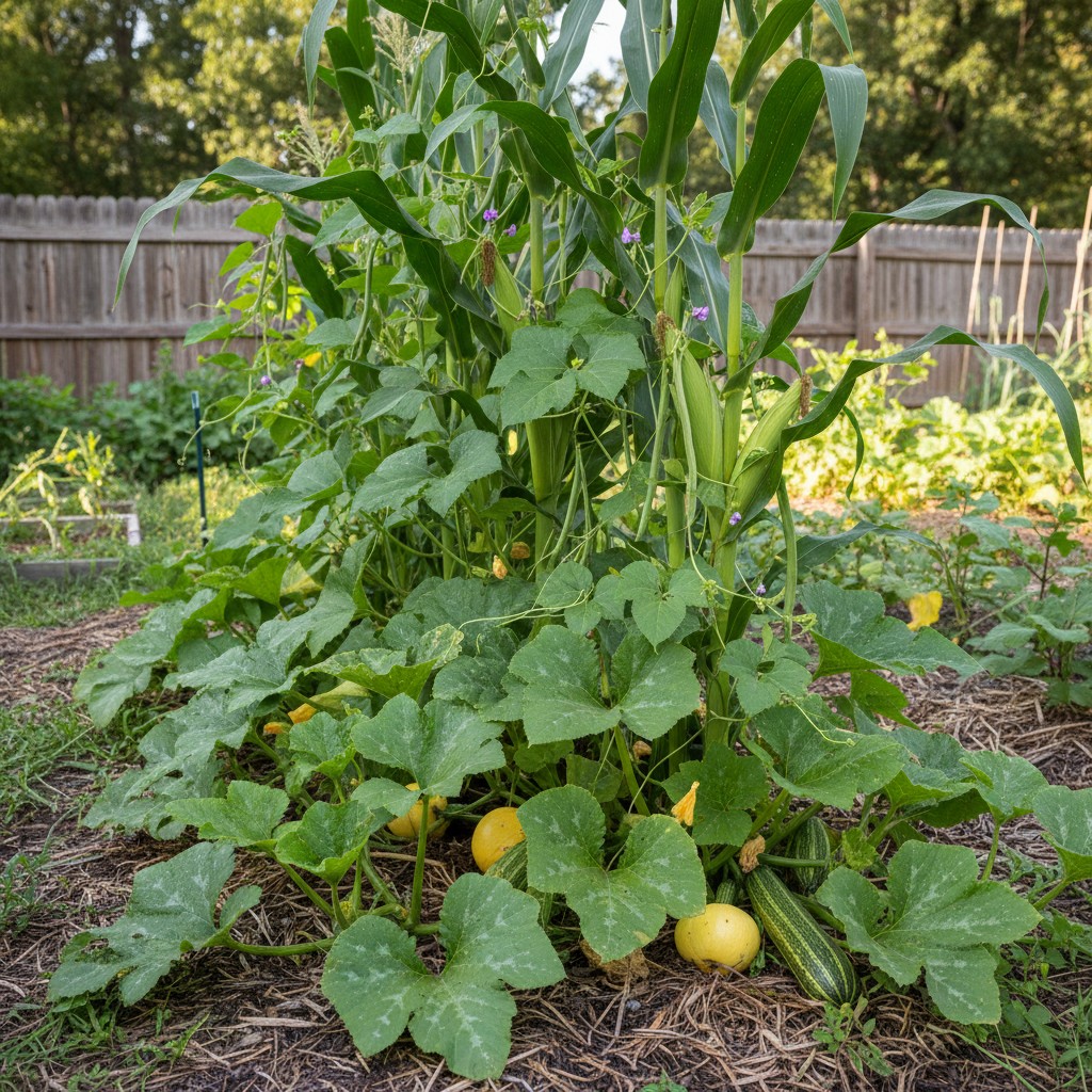 Three sisters planting with corn, beans, and squash