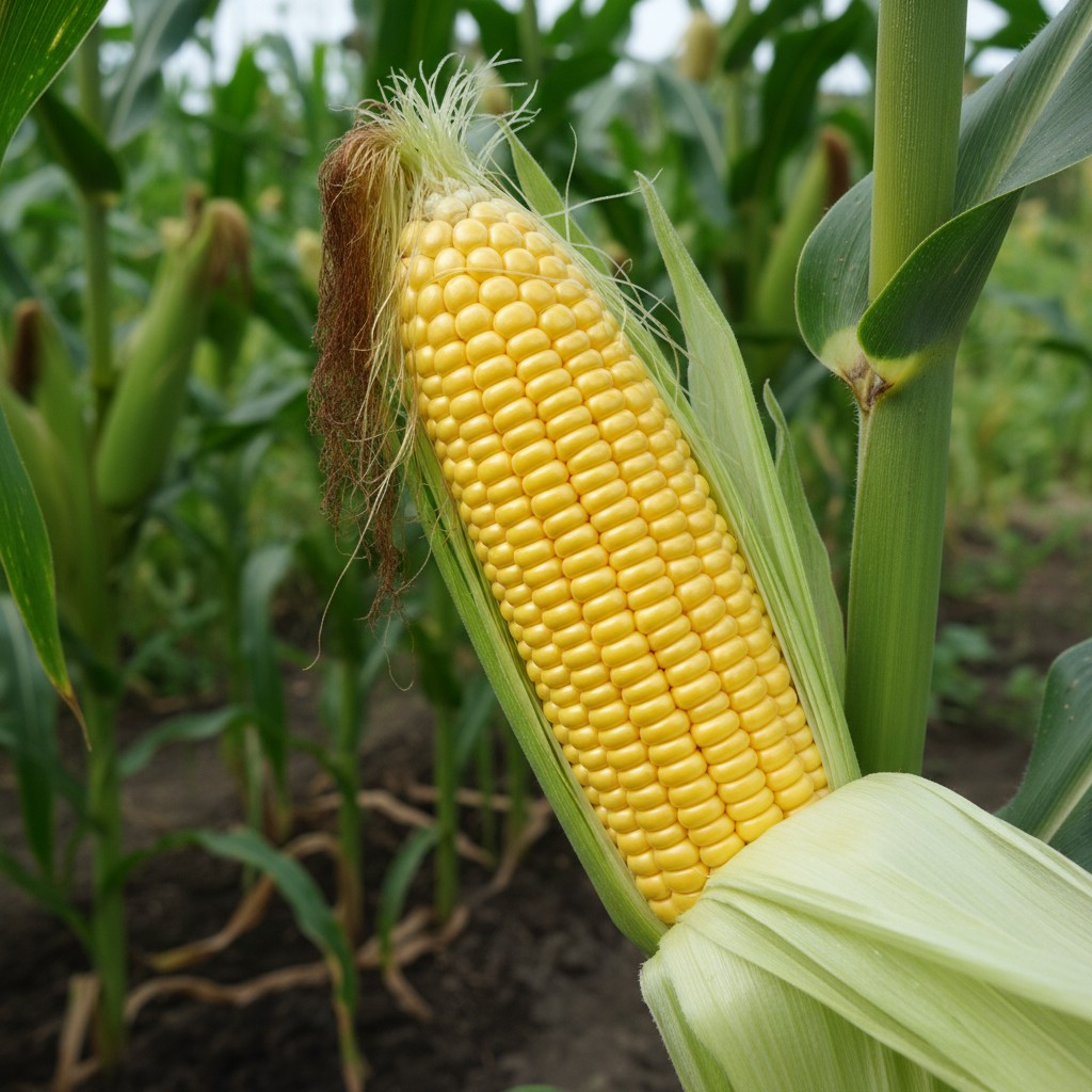 Perfect ear of sweet corn peeled back on the stalk