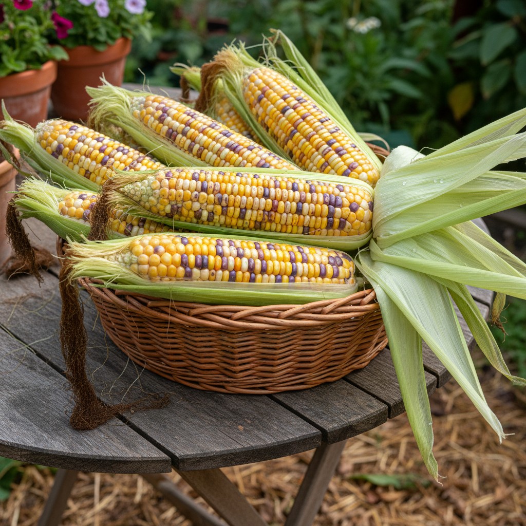 Basket of freshly picked corn ears