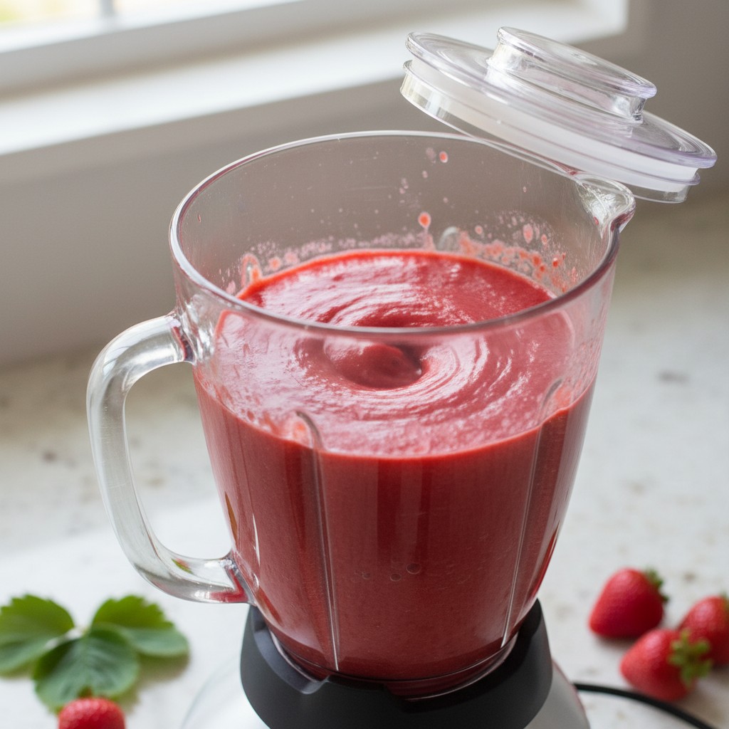 Fruit being pureed smooth in a blender