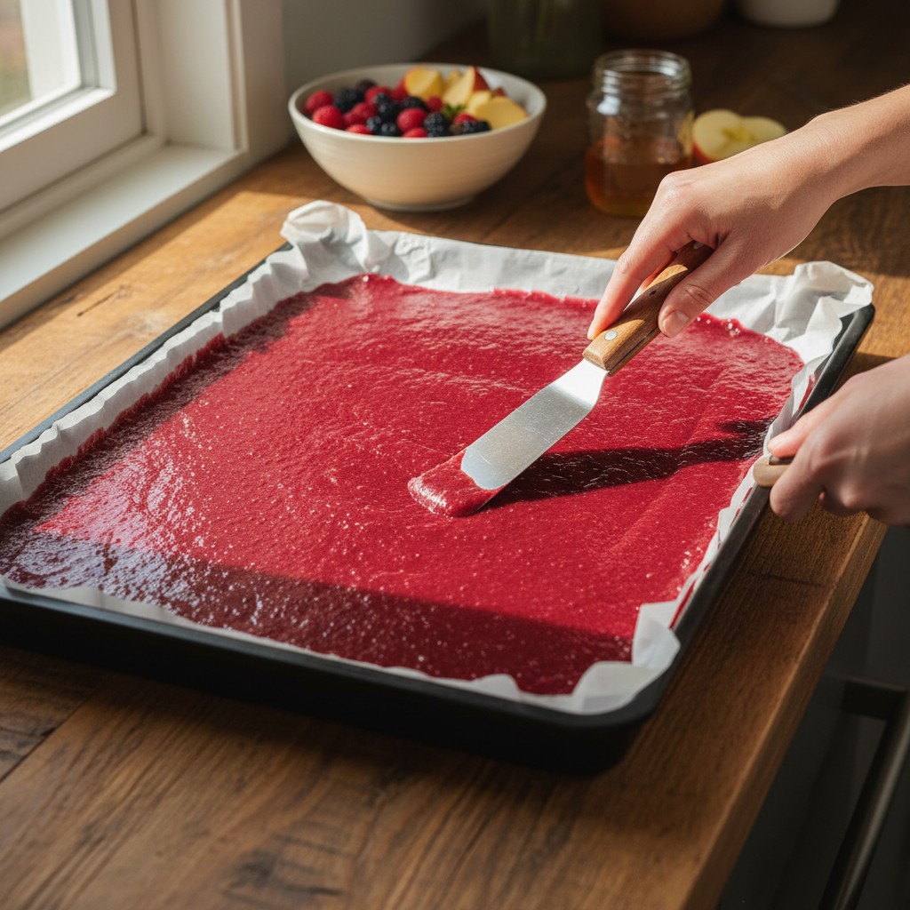 Fruit puree being spread on a dehydrator tray