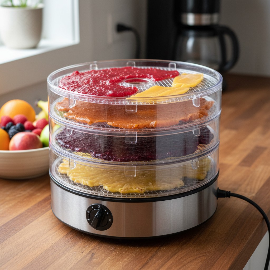 Fruit leather drying on stacked dehydrator trays