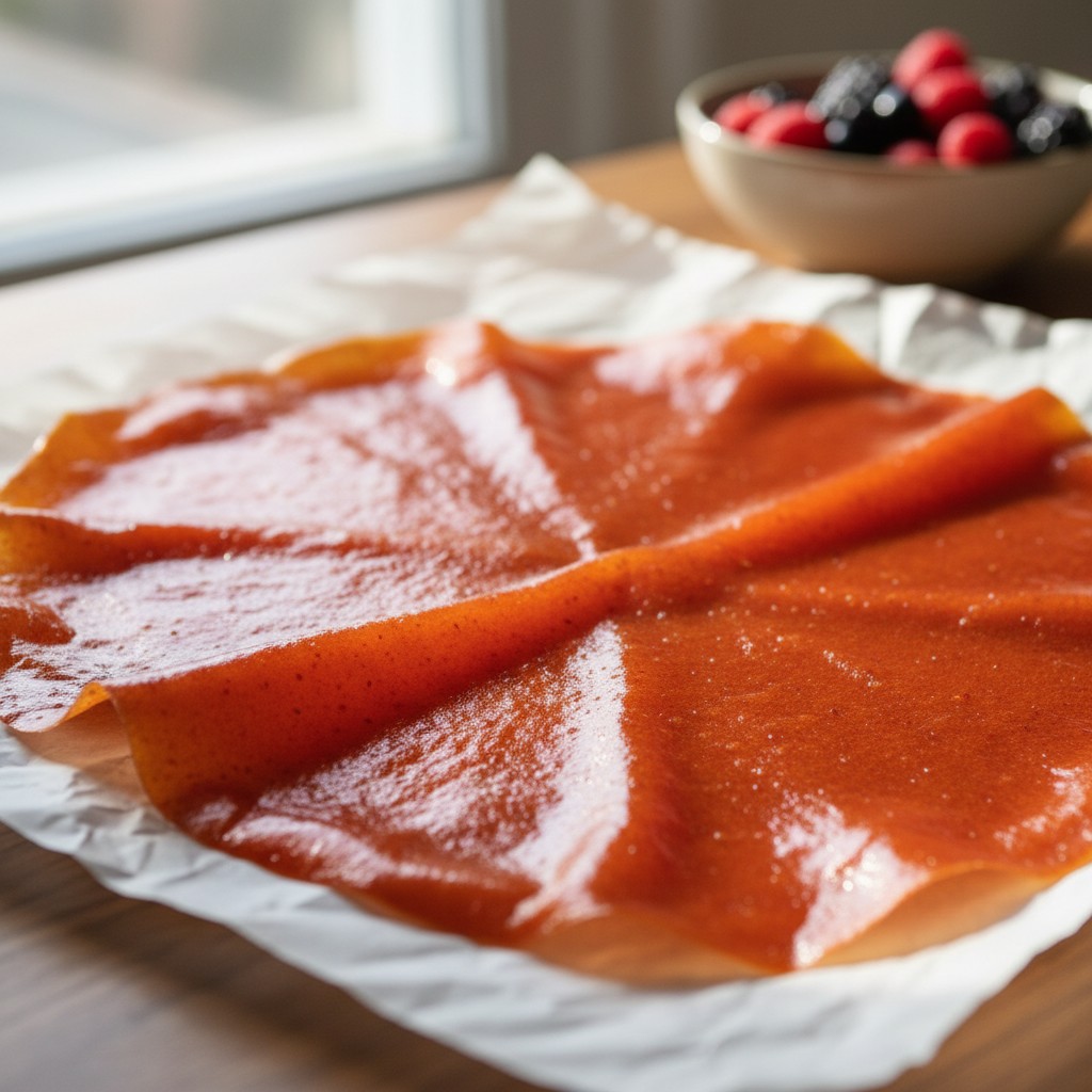 Finished fruit leather being peeled off parchment
